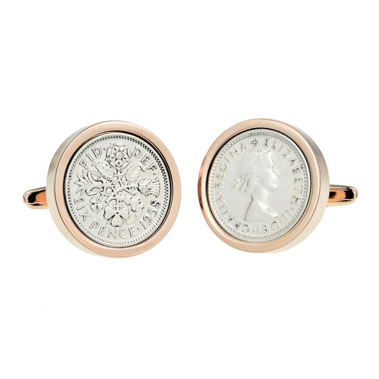 Polished Silver Sixpence in Rose Gold Finish Cufflinks | Cufflink Warehouse
